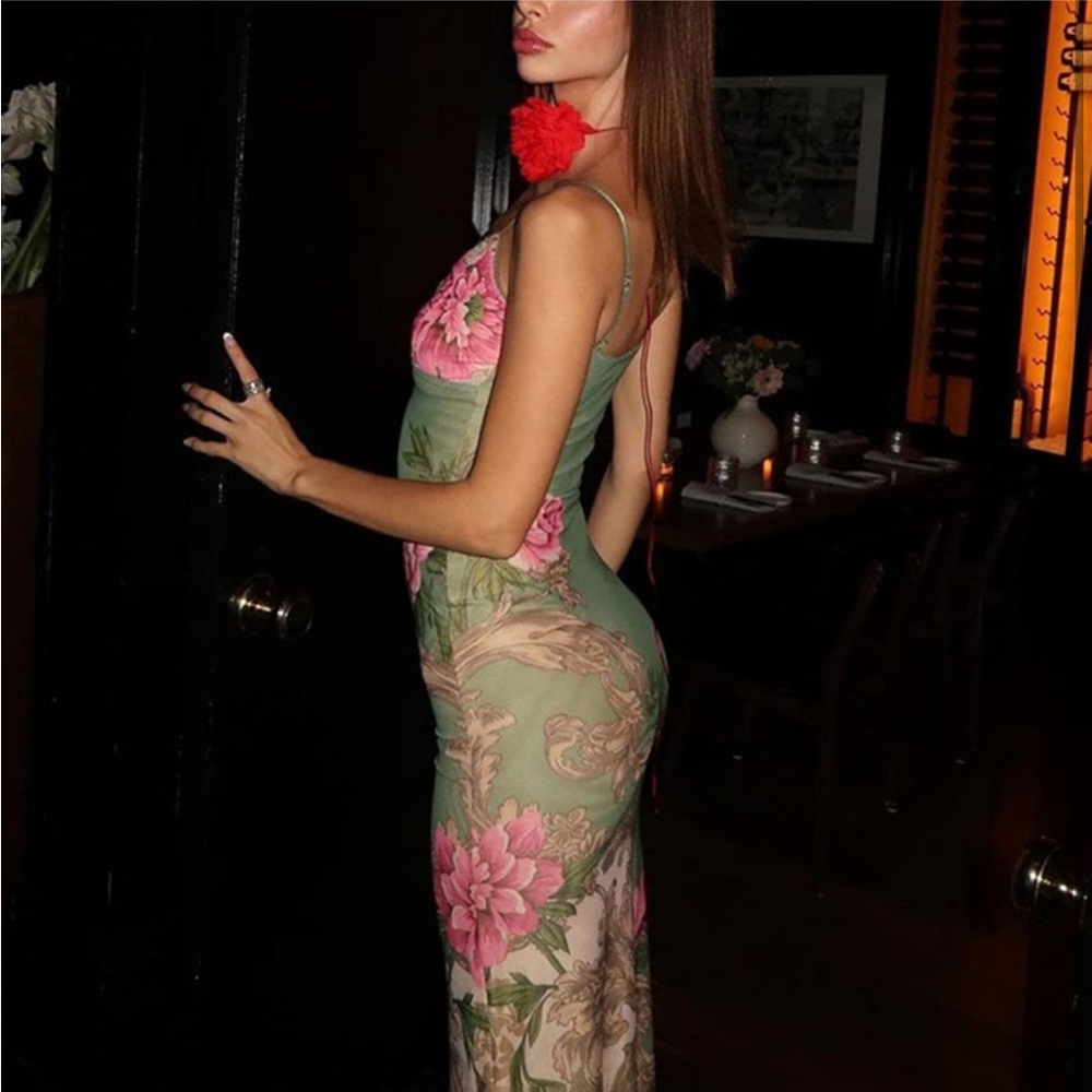 Green pink tight maxi dress